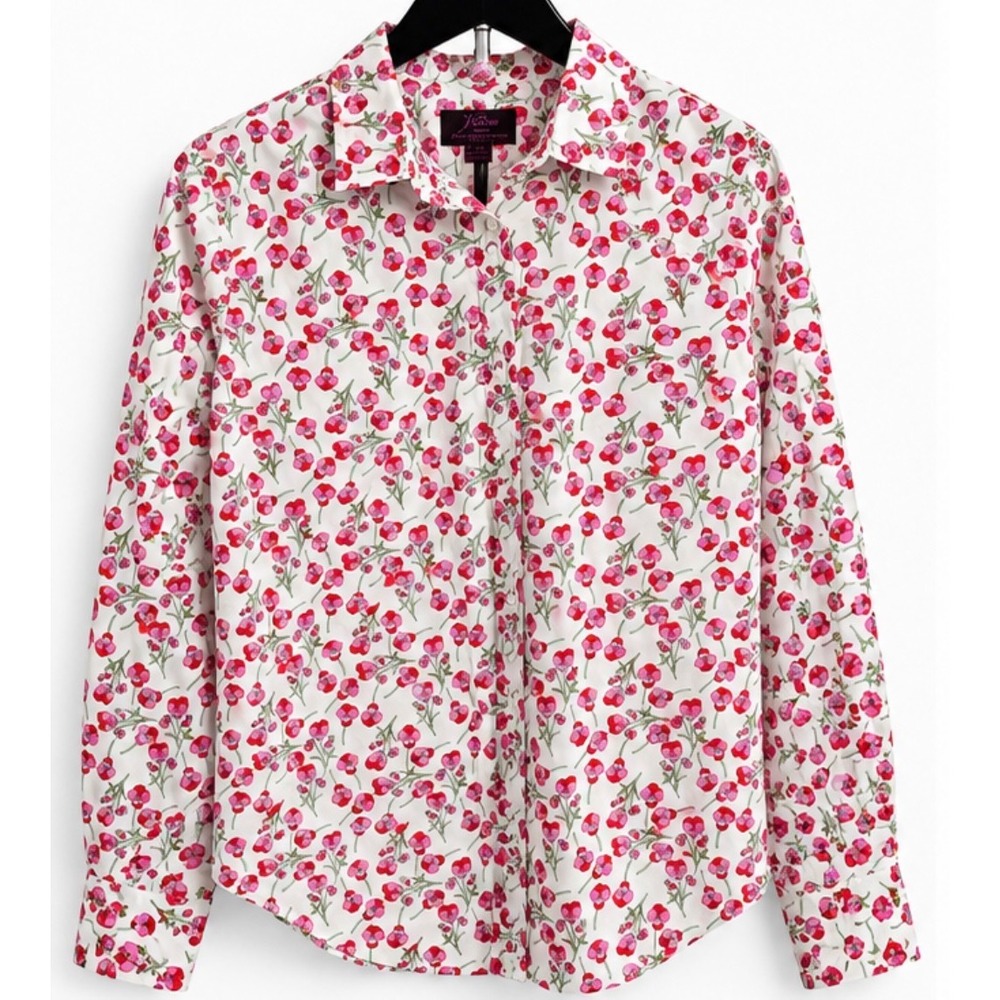 J.Crew Liberty Fabric Floral Button Down Shirt Pink Red Pansy Print Size 8